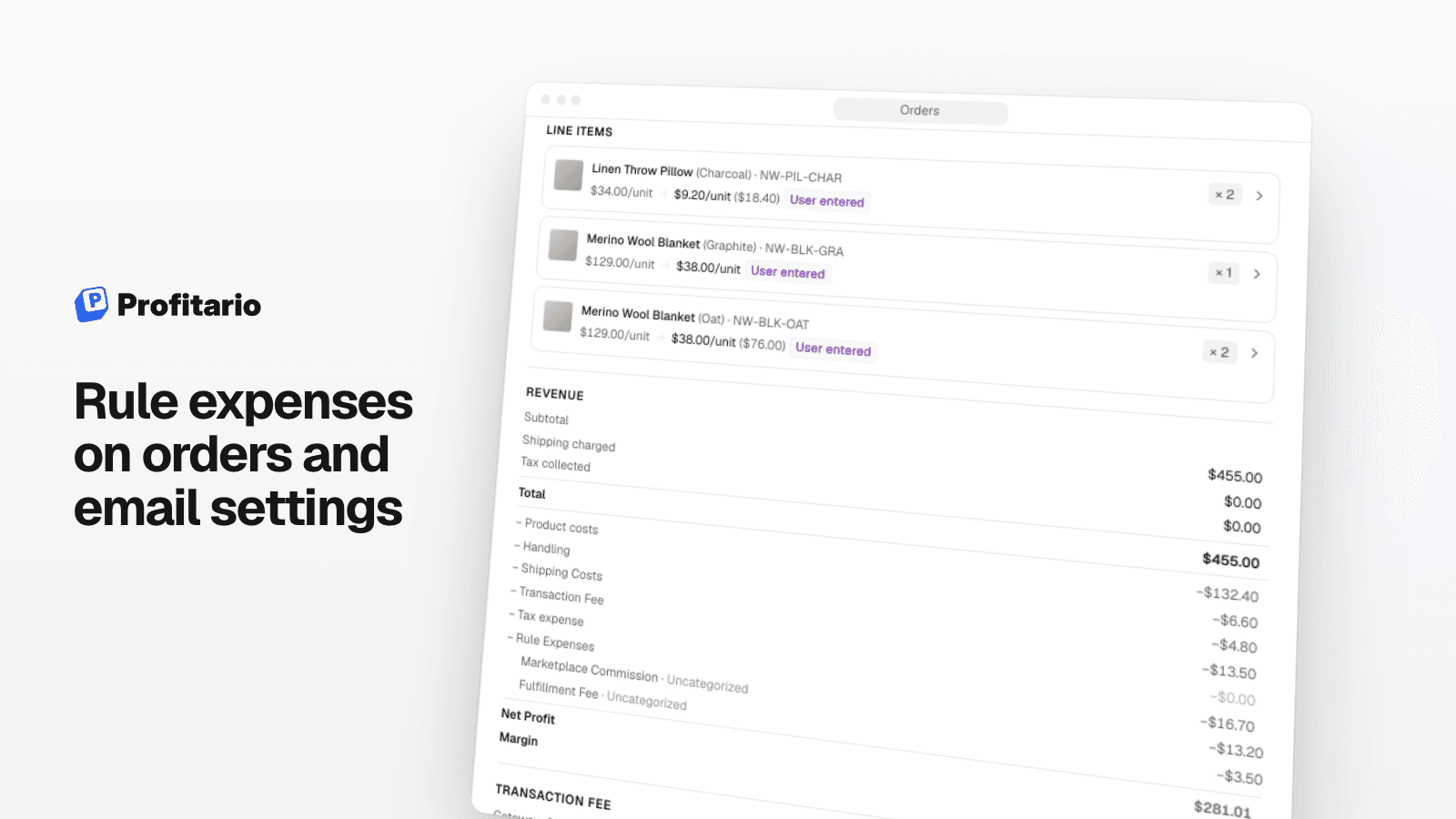 Rule expenses on orders and email settings